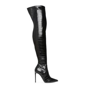 Thigh-high Black Crocodile Stiletto Boots